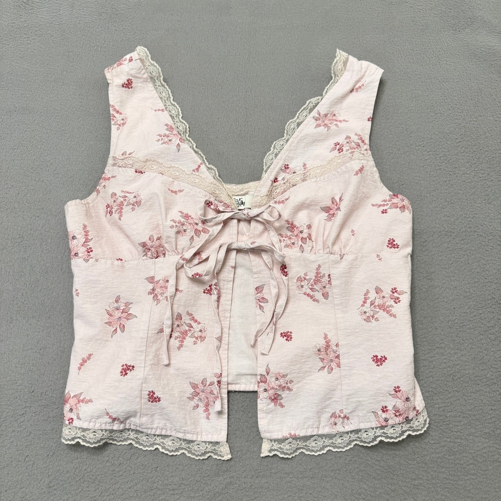 Vectar Clothing Tank Top Women M Pink Floral Lace Trim Front Tie Cottagecore